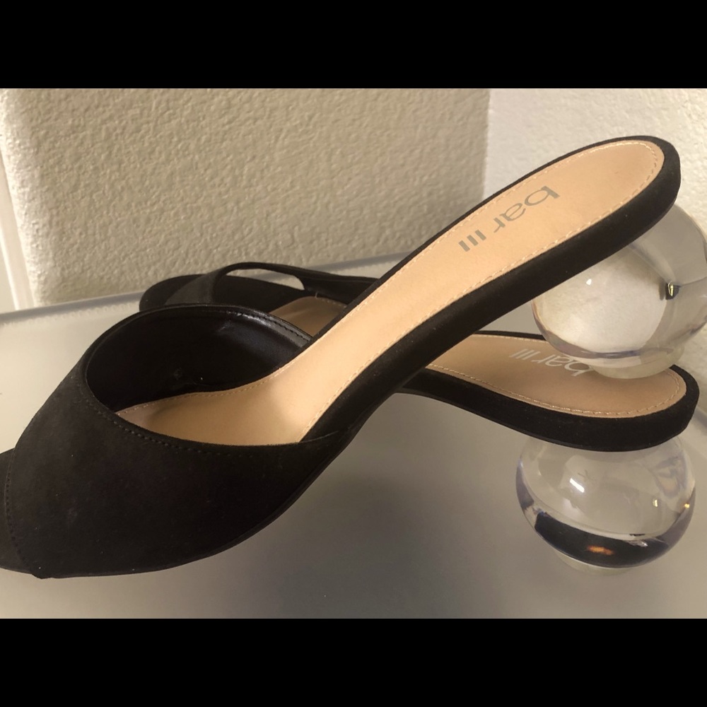 Size 9 1/2 black suede with plexiglass round heels